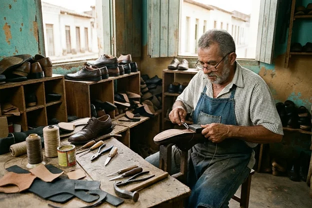 Sapateiro reformando um sapato social em Crato.