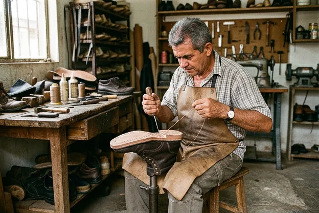 Sapateiro retirando o solado de um sapato em Crato.