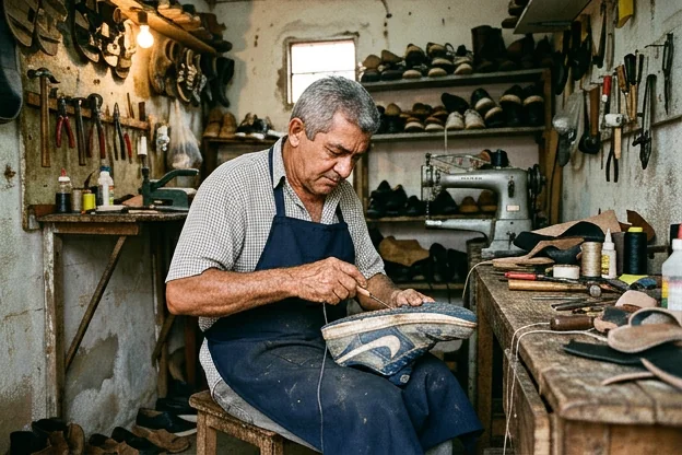 Sapateiro fazendo reparo em um tênis em Crato.