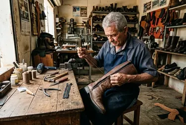 Sapateiro reparando o zíper de uma bota em Crato.