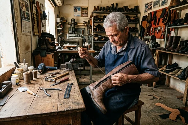 Sapateiro reparando o zíper de uma bota em Crato.